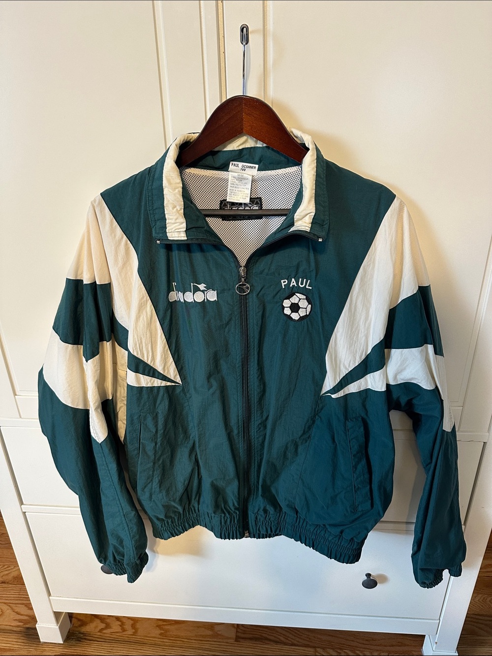 Vintage Diadora Soccer Green and Cream Performance Windbreaker Jacket